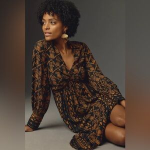 Farm Rio Long-Sleeve V-Neck Printed Tie-Front Midi Dress Size Small